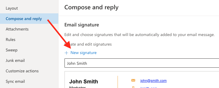 Outlook support to change signature
