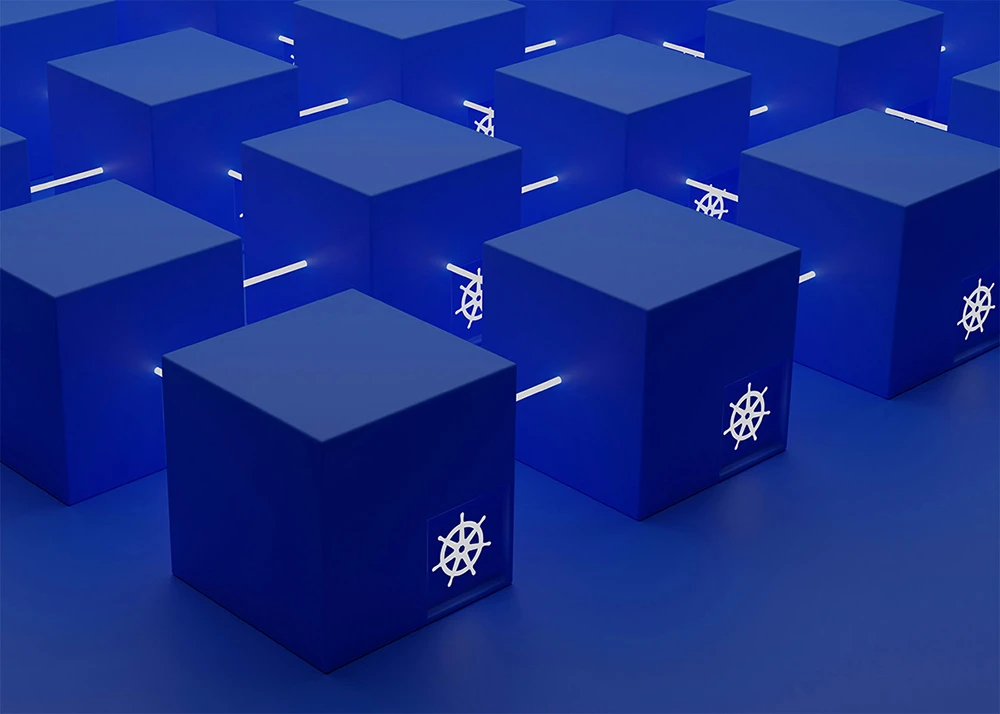 Blue cubes with Kubernetes logos and glowing connectors, representing interconnected nodes in a Kubernetes cluster.
