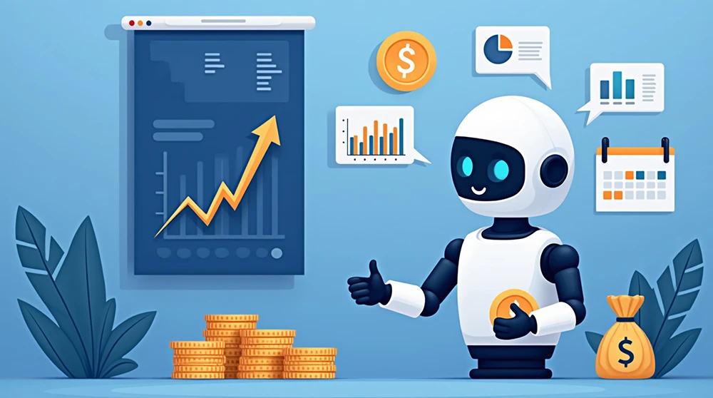 AI robot managing finances with charts and coins.