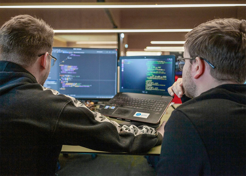 Two third party Microsoft support alternative specialists checking over analytics and coding.