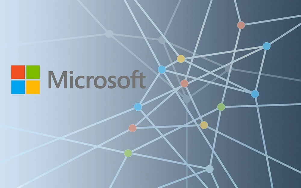 Microsoft Logo in front of connected dots in the colors of the Microsoft Logo and a blue-gray gradient in the background