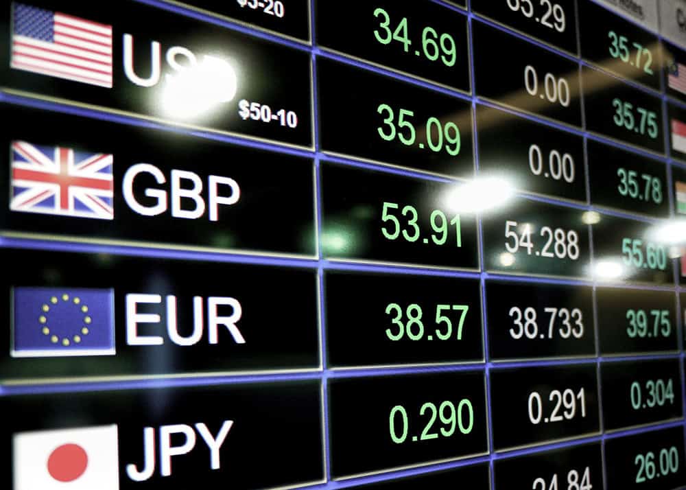 Digital board showing exchange rates for USD, GBP, EUR, and JPY, illustrating the concept of Microsoft making local currency pricing assessments twice a year to account for USD fluctuations.
