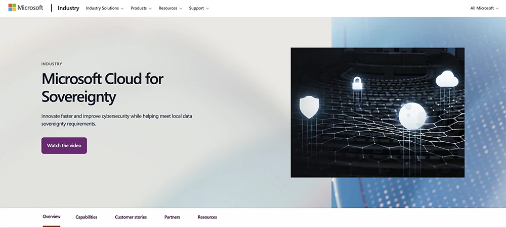 Webpage banner for Microsoft's Cloud for Sovereignty with security icons.