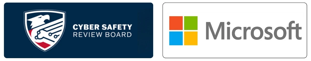 Two logos: On the left, the Cyber Safety Review Board logo featuring an eagle head in a shield. On the right, the Microsoft logo with its four-color square and company name.
