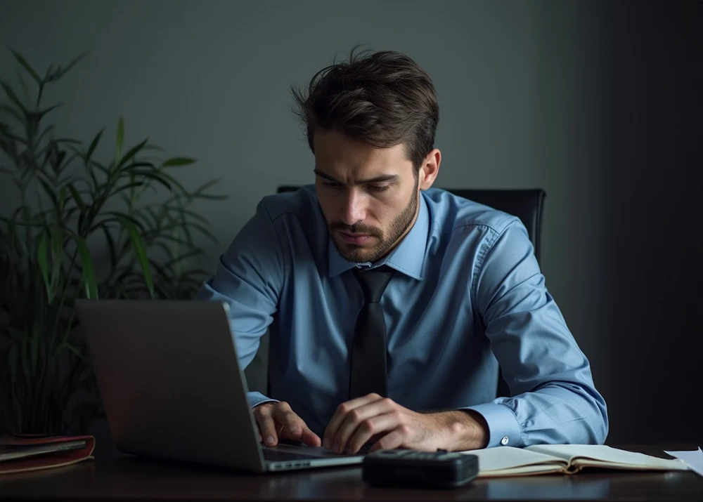 A focused businessman working late at his laptop in a dimly lit office.