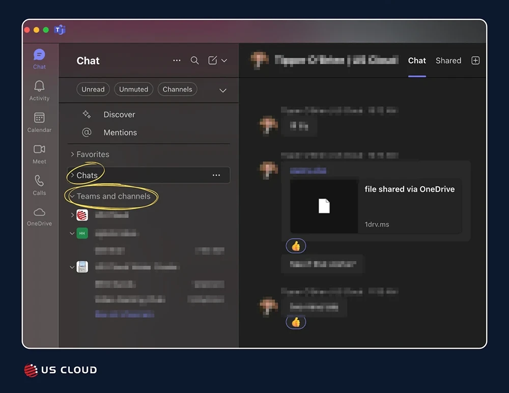 Screenshot of Microsoft Teams new unified chat and channels interface in dark mode with UI elements highlighted.