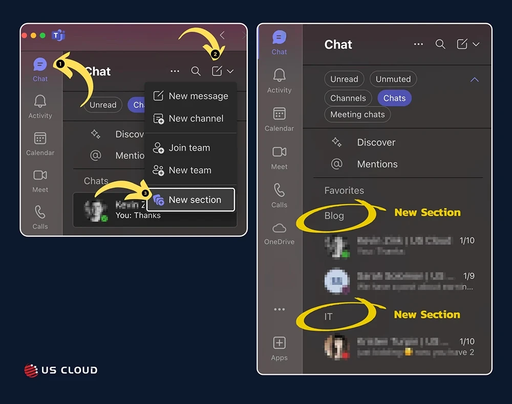 Side-by-side screenshots showing how to create new sections in Teams, with yellow arrows pointing to key features.