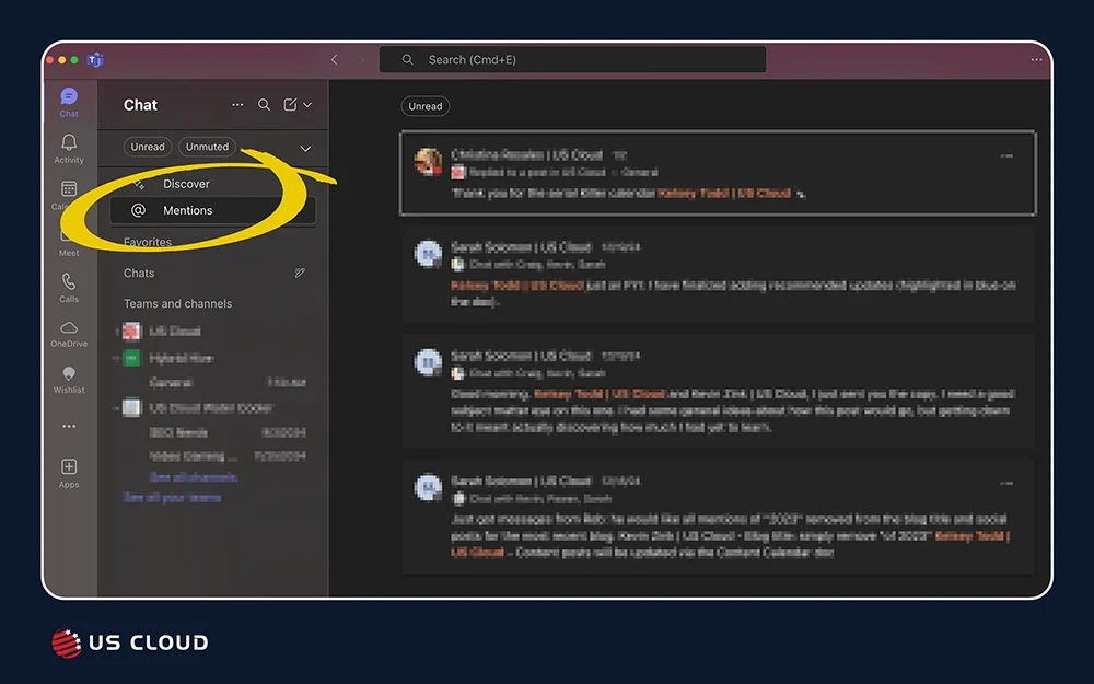 Screenshot showing the new Teams mentions feature with the @Mentions option highlighted in the sidebar.