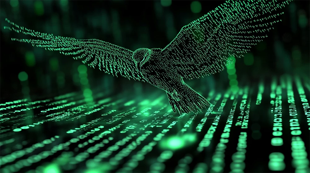 A digital falcon made up of binary code soars above a field of glowing green code, symbolizing cybersecurity and data protection.