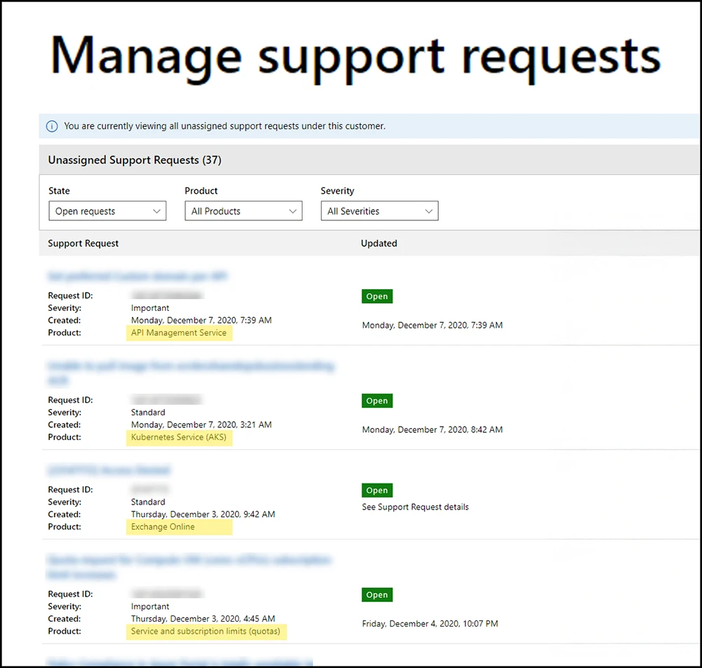 Screenshot of a Microsoft support request management page displaying open service tickets.