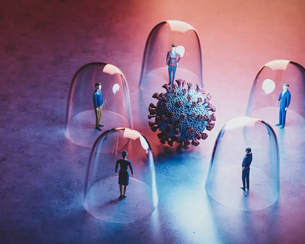 Miniature figures under glass domes around a COVID-19 virus model, symbolizing post-pandemic tech industry layoffs.