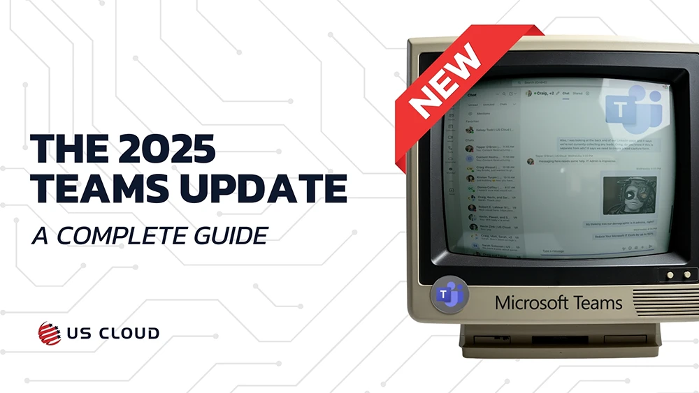 Marketing banner showing "THE 2025 TEAMS UPDATE" text with retro computer display showing Teams interface and circuit board background.