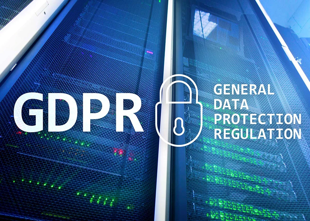 GDPR compliance graphic overlaid on a secure data server room.