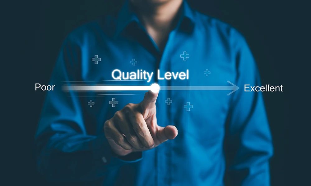 Person adjusting a virtual slider from poor to excellent quality level.