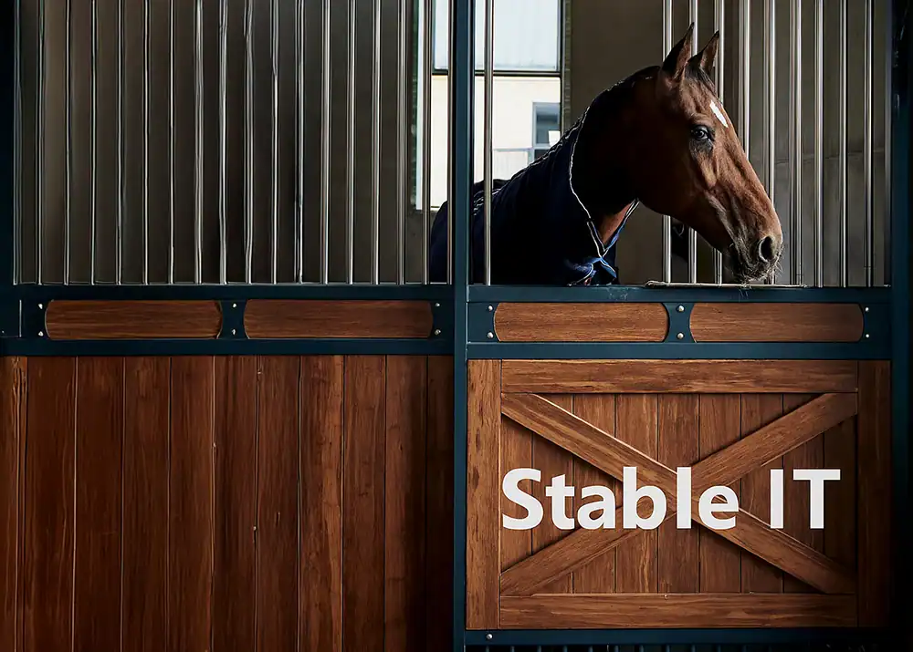 Horse standing calmly in a wooden stall labeled “Stable IT,” symbolizing the need for reliable IT support during times of corporate upheaval.